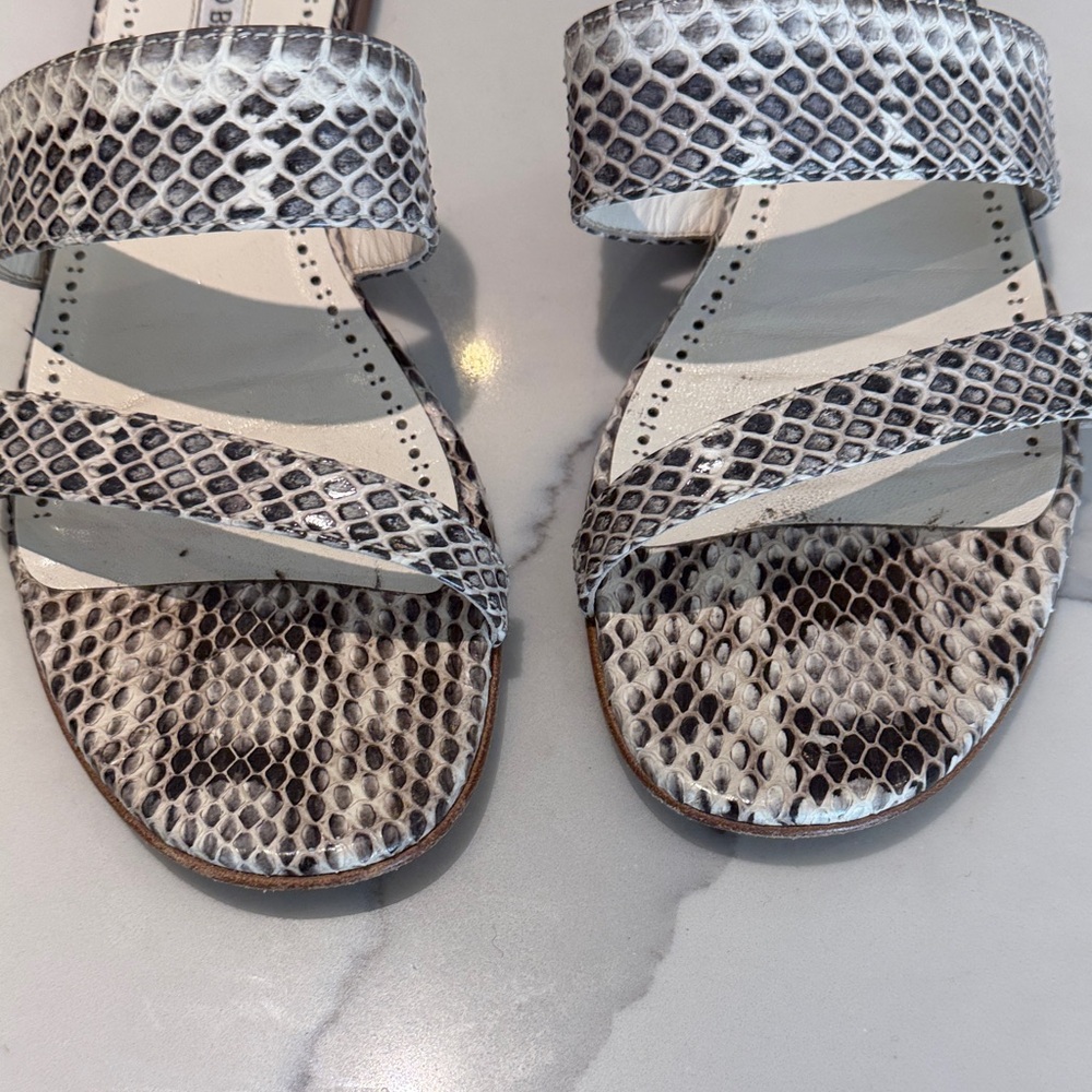 Manolo Blahnik Python Pattern Sandals - Black and… - image 2
